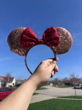 Disney | Rose Gold Sequin Minnie Mouse Ears With Red Bow
